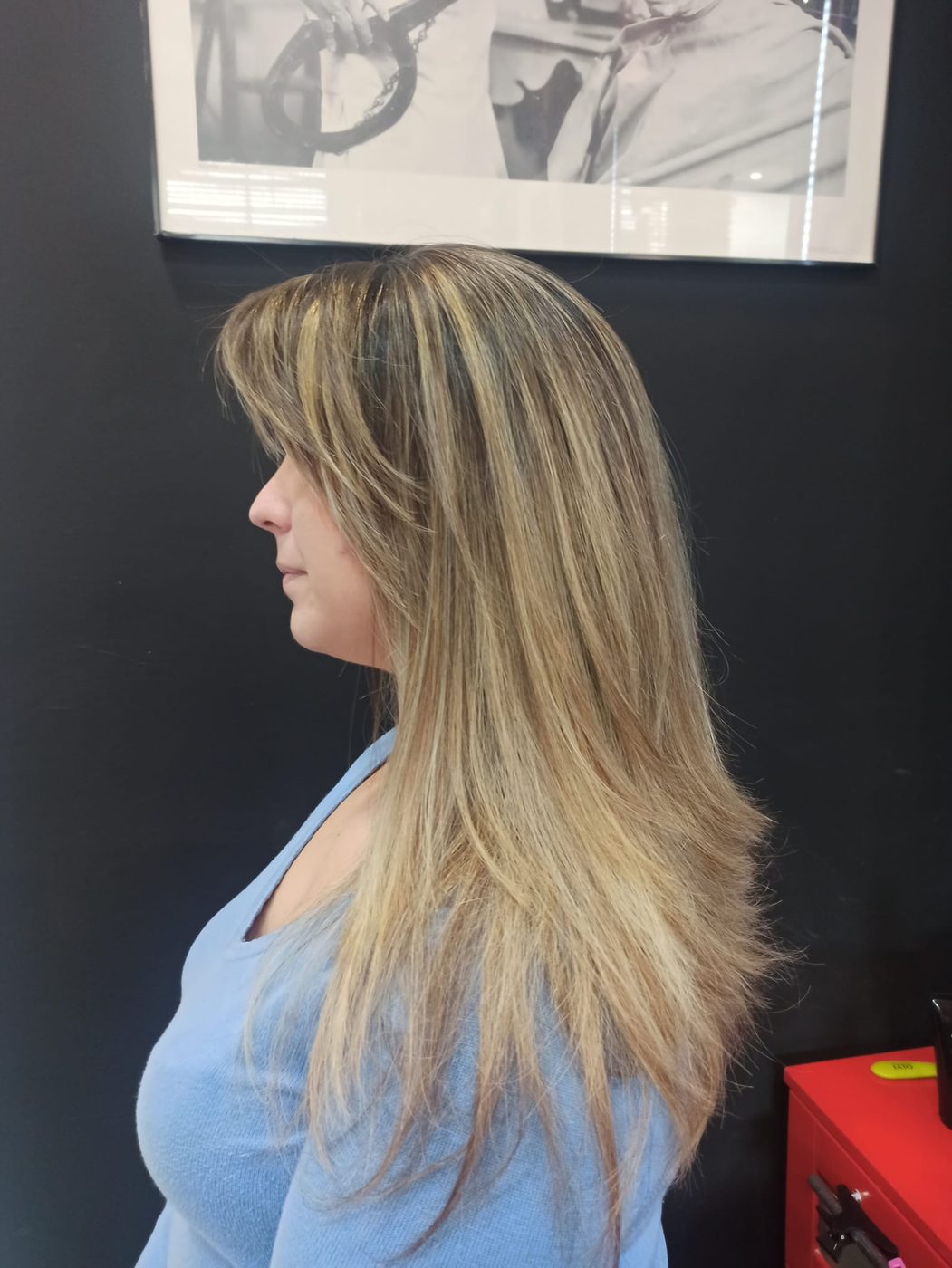Melena rubia larga cortada a capas, vista de perfil